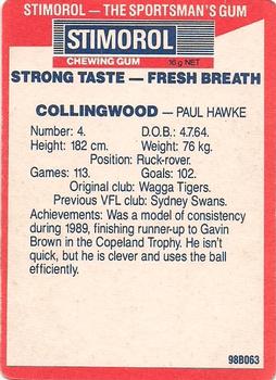 1990 AFL Scanlens Stimorol #52 Paul Hawke Back